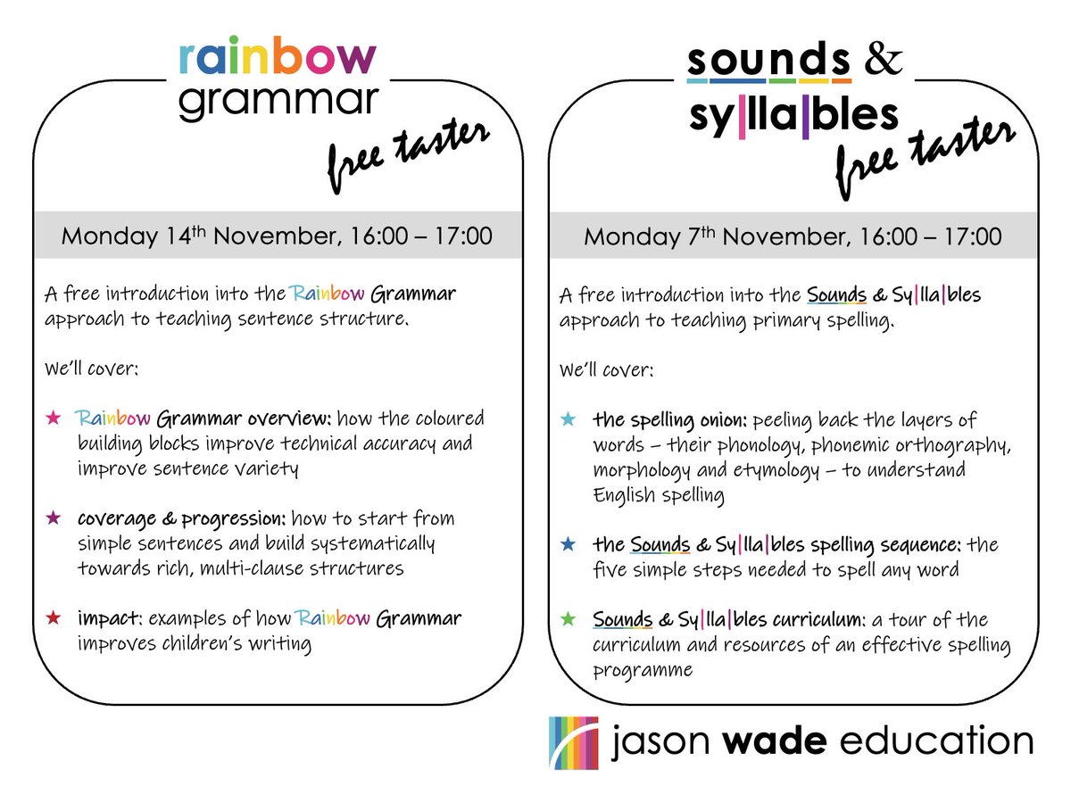 Places are still available for the FREE Sounds &amp; Syllables &amp; Rainbow Grammar  taster sessions  in November

Details in the flyer below. 👇👇👇

If you want to find out about 1st class spelling / grammar teaching, reserve your spot by following the link: jweducation.co.uk/course/