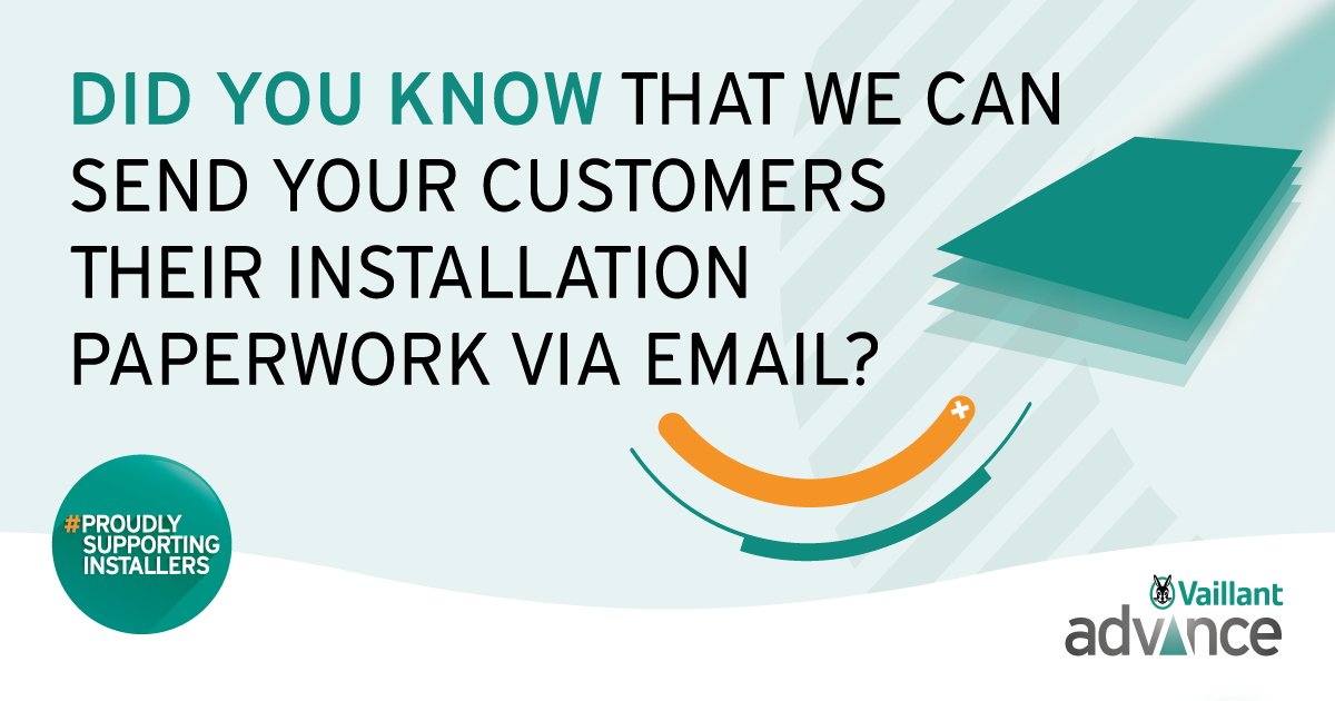 Go paperless and send your customers their installation paperwork via email. 📩 Visit 'My Installations' on Vaillant Advance to add your installation details -  vaillant-advance.co.uk/Installation/M…  #ProudlySupportingInstallers #HeatingEngineers #Vaillant #VaillantUk #VaillantAdvance