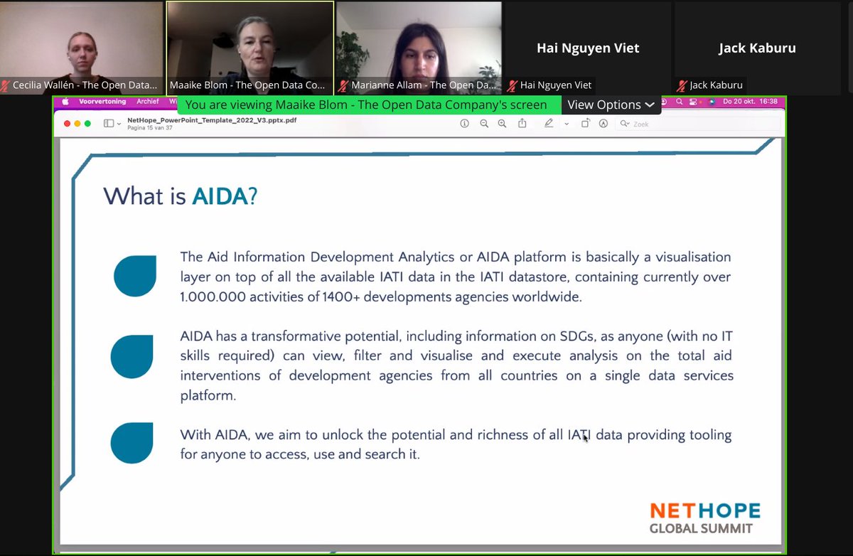 AIDA_Platform's tweet image. Thank you to the participants of the @NetHope_org Global Summit 2022 where we discussed the importance of increasing the #transparency &amp;amp; accessibility of #aiddata. We also introduced AIDA, our open aid data platform which can be used to search, visualise &amp;amp; publish open aid data📈