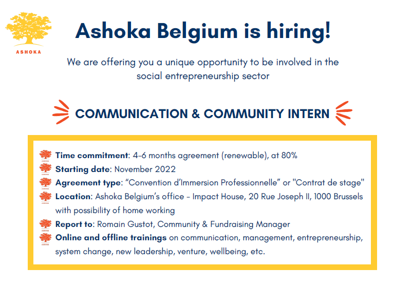 AshokaBelgium's tweet photo. 🚨 NEW OPPORTUNITY 🚨

We are looking for a #Communication &amp; #Community intern to work with us. Are you our next colleague? 😃

➡️ Apply via this link: https://t.co/ygjh4isYGF

⬇️ Tag people below or share with your networks! https://t.co/YDn6Hfee2z
