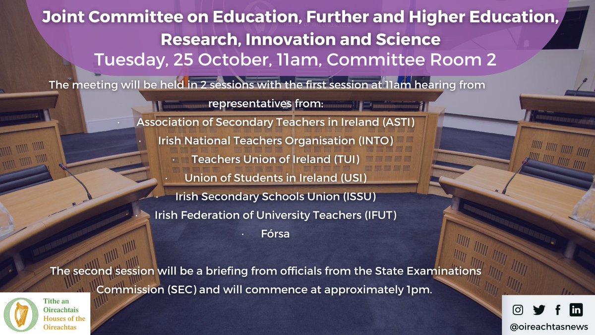 Joint Committee on Education chaired by Deputy @campaign4kehoe meet at 11am for discussion on Mental Health Supports in Schools & Tertiary Education & separately a briefing on Junior Cert results. #SeeForYourself at bit.ly/2KtPKh2 on #OireachtasTV