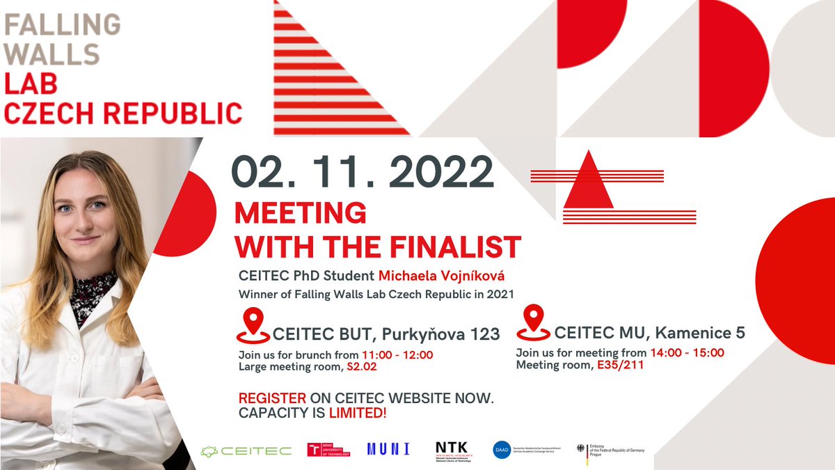 Are you student, budding scientist or starting your business? 🚀 Do you want to be the next finalist of @Falling_Walls❓ Join us next week and get inspired by @vojnik_sci & @ntkcz @DAAD_Germany 👏🏻 REGISTER HERE: ceitec.cz/falling-walls-… #CEITECScience #FallingWallsLab