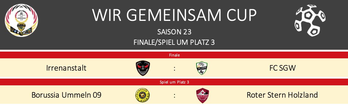 WirGemeinsamCup's tweet photo. 🤝#WGCS23/#LLRS23 - Finale/Spiel um Platz 3🤝 Das letzte Finale in S19 zwischen @IrrenanstaltOL und @Obisub1 ging mit 3:2 an die Irren. Wer wird diesmal siegen? Underdog Zehkeks gelingt überraschend der #LLR-Finaleinzug wo er auf @FCDosenoeffner trifft. Viel Erfolg allen Teams! https://t.co/bn7JVwAtgH