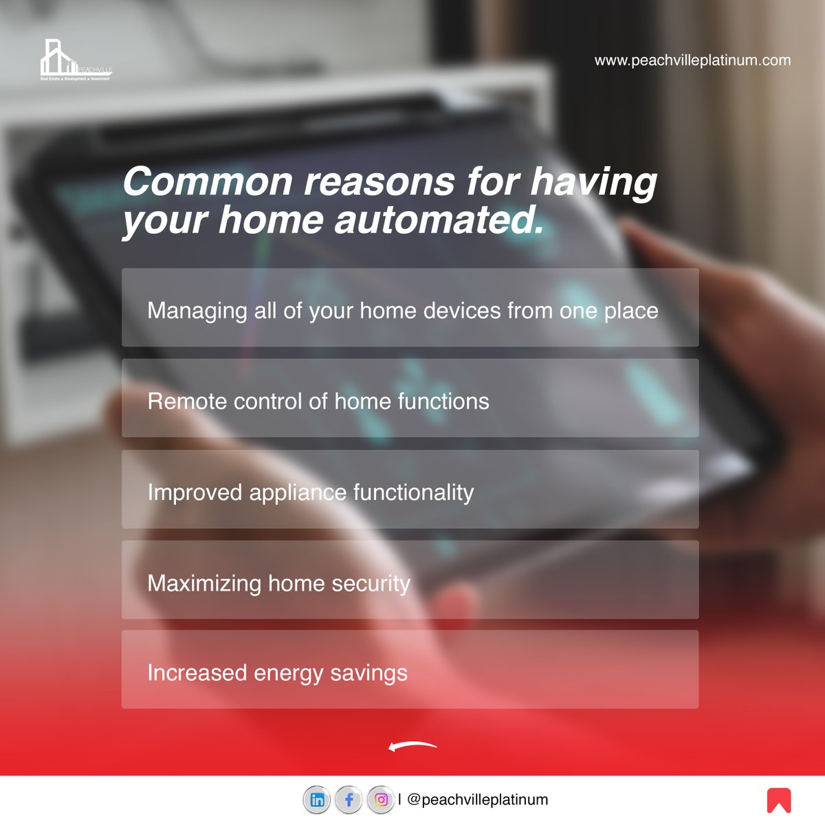 PeachvilleP's tweet photo. Do you know you can easily control the utilities and features of your home via the Internet to make life more convenient and secure and even spend less on household bills?
Here are some reasons your home should be automated
#peachvilleplatinum #houseautomation #automation https://t.co/eeumrNBNXR