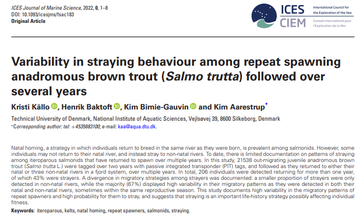 Kristi Källo (@kristikallo) on Twitter photo NEW PUBLICATION ALERT!!! Very excited to share the second paper of my thesis, where we documented HIGH variability of migratory patterns among straying sea trout returning to spawn for MULTIPLE years <a href="/Kaa_telemetry/">Kim Aarestrup</a> <a href="/kbg_conserv/">Kim Birnie-Gauvin, Ph.D</a> <a href="/BaktoftH/">Henrik Baktoft</a> <a href="/ICES_ASC/">ICES</a> #fishsci
doi.org/10.1093/icesjm… NEW PUBLICATION ALERT!!! Very excited to share the second paper of my thesis, where we documented HIGH variability of migratory patterns among straying sea trout returning to spawn for MULTIPLE years <a href="/Kaa_telemetry/">Kim Aarestrup</a> <a href="/kbg_conserv/">Kim Birnie-Gauvin, Ph.D</a> <a href="/BaktoftH/">Henrik Baktoft</a> <a href="/ICES_ASC/">ICES</a> #fishsci
doi.org/10.1093/icesjm…