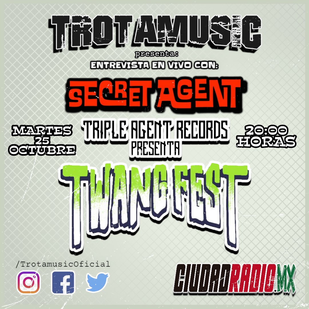 #TrotaMartes en <a href="/ciudadradiomx/">Ciudad Radio</a> nos acompaña #SecretAgentSurf para hablarnos sobre el Twang Fest no te pierdas los detalles. 

🕗 20:00 horas
🌐 ciudadradio.mx 
📲 App para Android &amp; iOS 
🎙️ Alfredo Vargas <a href="/AlfredoTrota/">Alfredo Vargas</a>
