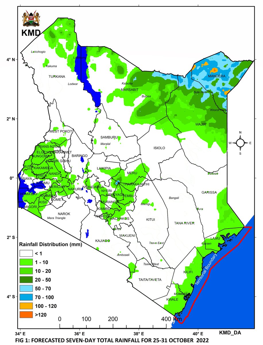 Most of the country is likely to experience sunny, dry weather from October 25 to October 31st, 2022. However, some regions of the Coast, North Eastern Kenya, Central Rift Valley, Highlands West of the Rift Valley, Lake Victoria Basin are expected to receive rainfall, as shown.