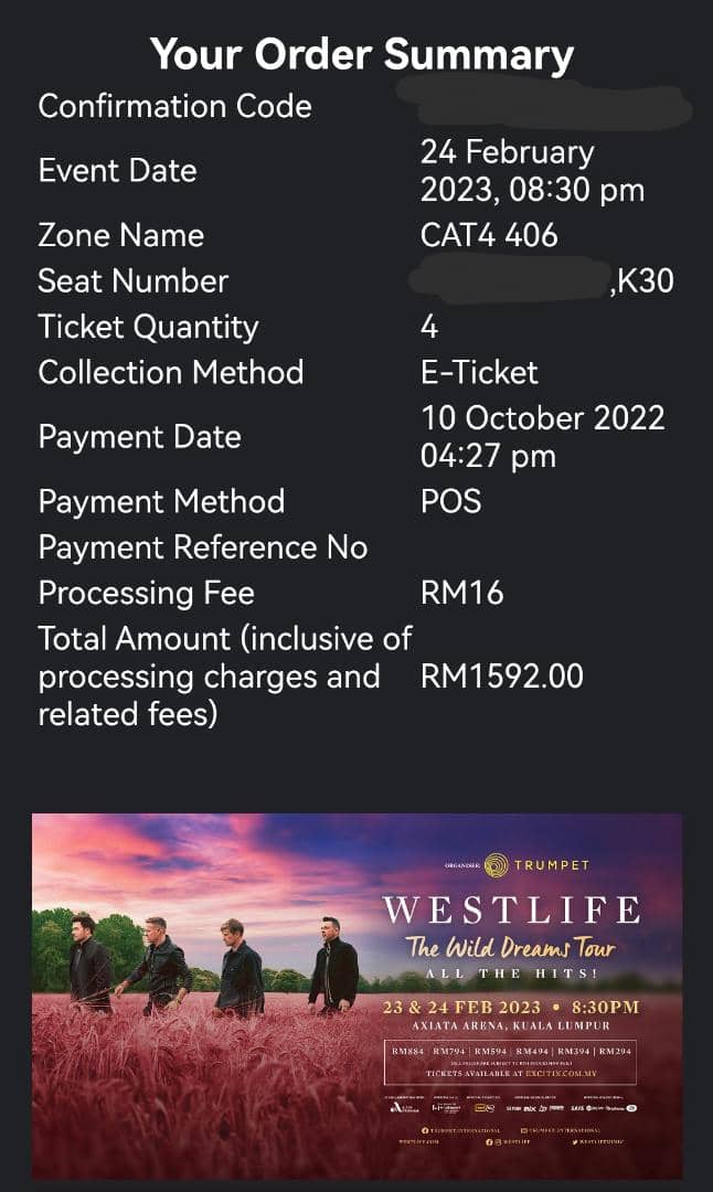 escapismian's tweet photo. [WANT TO SELL] WTS

WESTLIFE THE WILD DREAMS TOUR IN MALAYSIA 

✅ 24 Feb 2023, Fri
✅ Cat 4, 406 (Got screen in middle: Axiata)
✅ 1 ticket (Presale)

Reason to letgo: Friend backout

Whatsapp for fast reply:
https://t.co/TejLv6aECF

#WestlifeLiveInKl #Westlife #WestlifeMalaysia https://t.co/kRMUlVpgX1