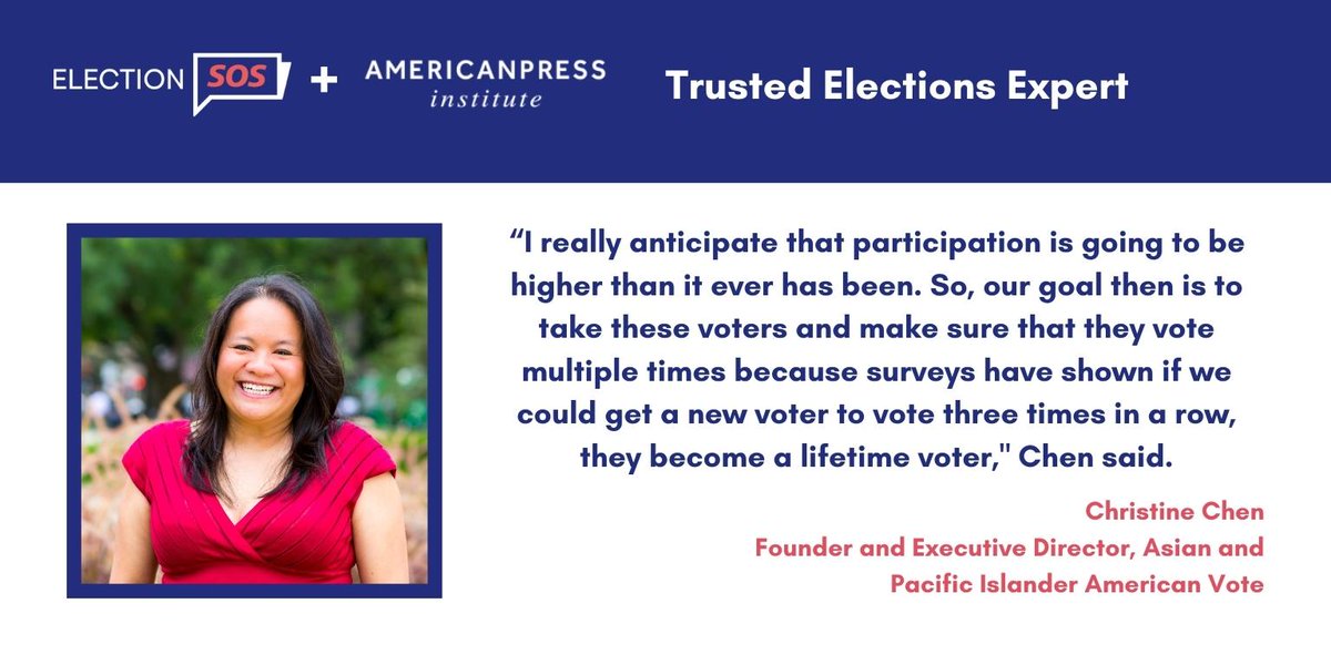 wearehearken's tweet photo. @AmPress Introducing one of the Trusted Experts Christine Chen @ChristineChenDC Founder and Executive Director, Asian and Pacific Islander American Vote. She can help with Election Results
In-person Voting
Mail-in Voting
Voter Behavior
#electionsos #democracysos https://t.co/lmb0bSFvI9