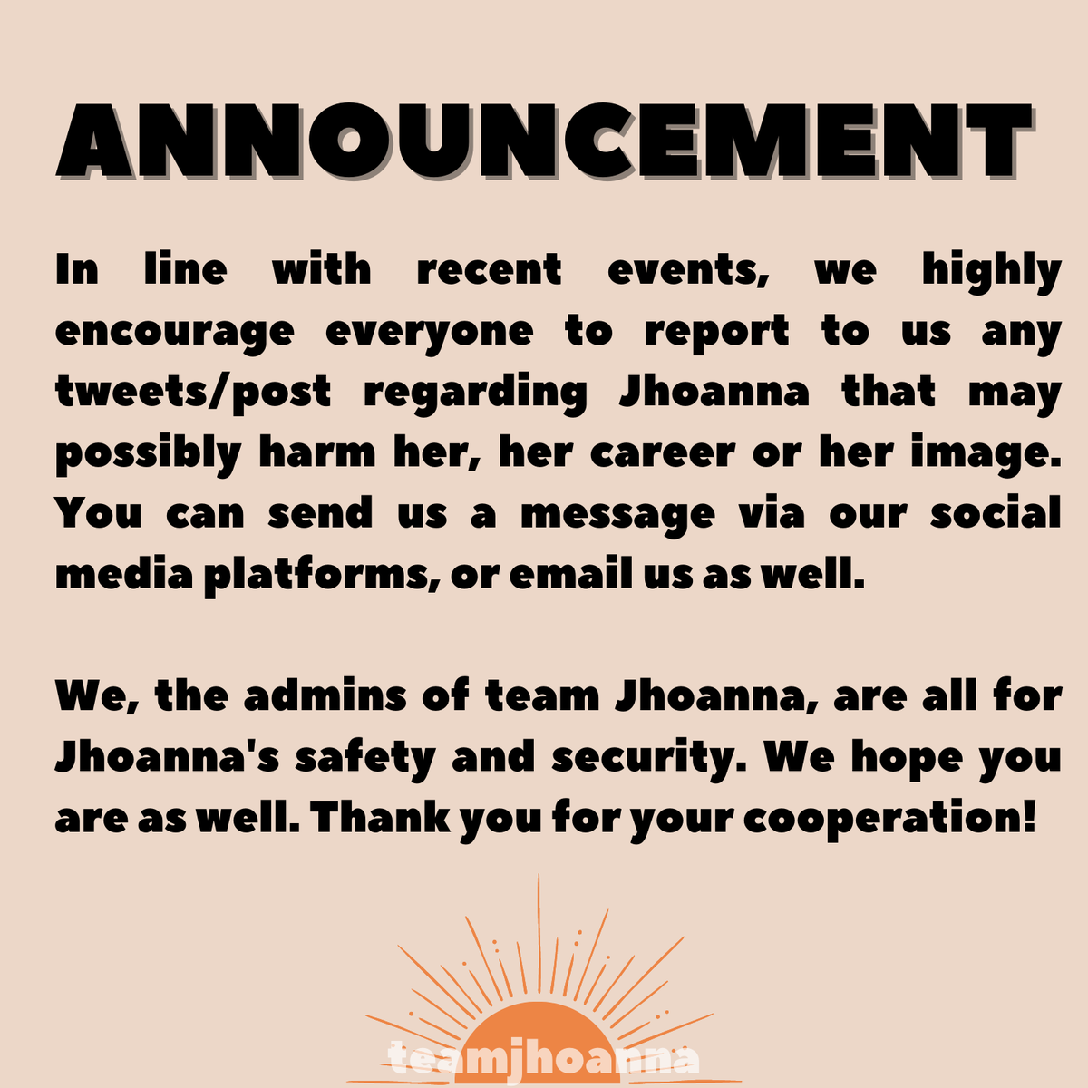 BiniJhoannaOFC's tweet photo. Announcement! 

A joint statement by Team Jhoanna regarding any posts that can lead to harming Jhoanna's career. 

We thank you for your cooperation, Blooms and Amity. You're always JhoannAmazing 🧡🌸 https://t.co/Bihf5iKgaF