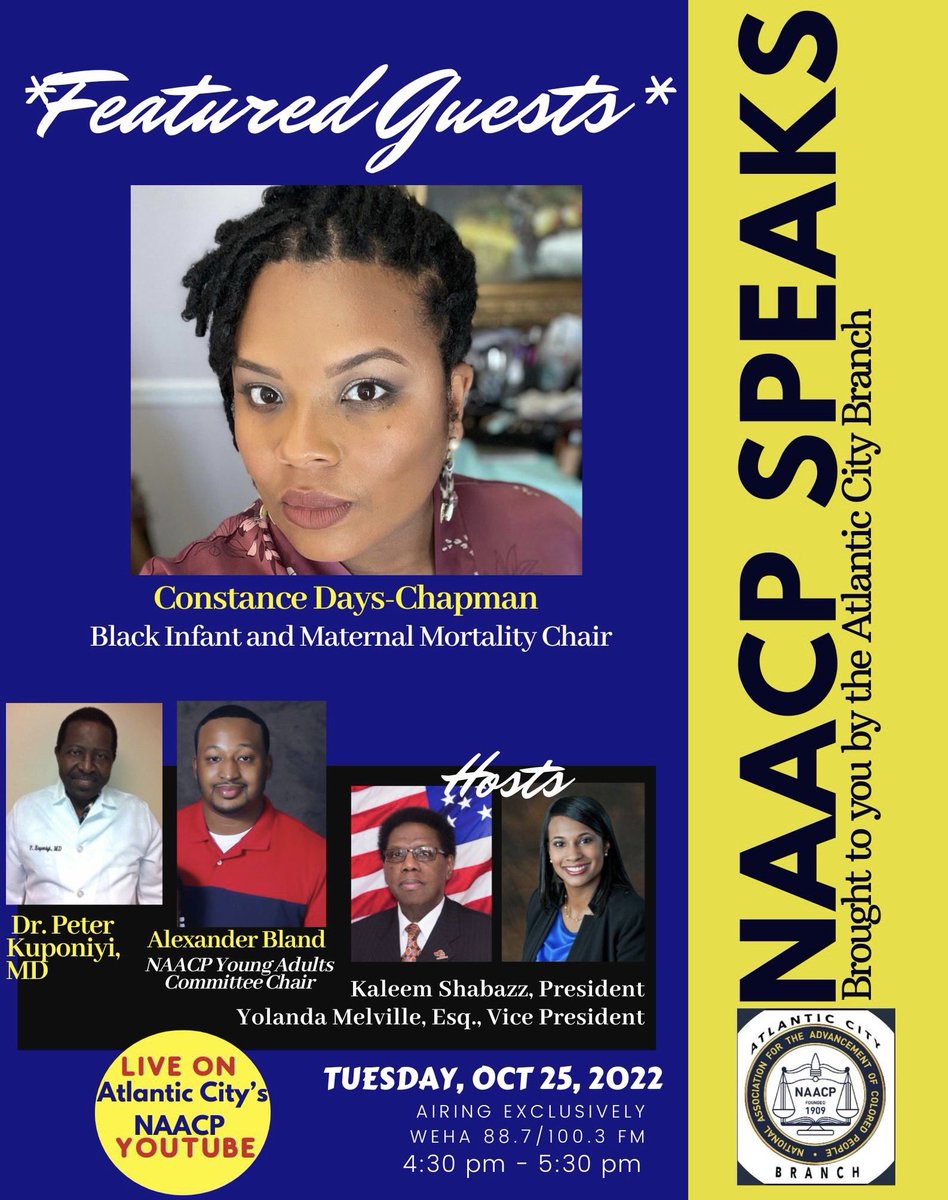 “NAACP SPEAKS" Radio Show
Tuesday, Oct 25, 2022
4:30PM - 5:30PM ET

Stream at radio station: @WEHAVEGOSPEL 88.7 FM &amp; 100.3 FM 

Viewers can also watch on our YOUTUBE! LINK IN BIO — bit.ly/NAACPAtlanticC… 
(Please Subscribe &amp; Share!)