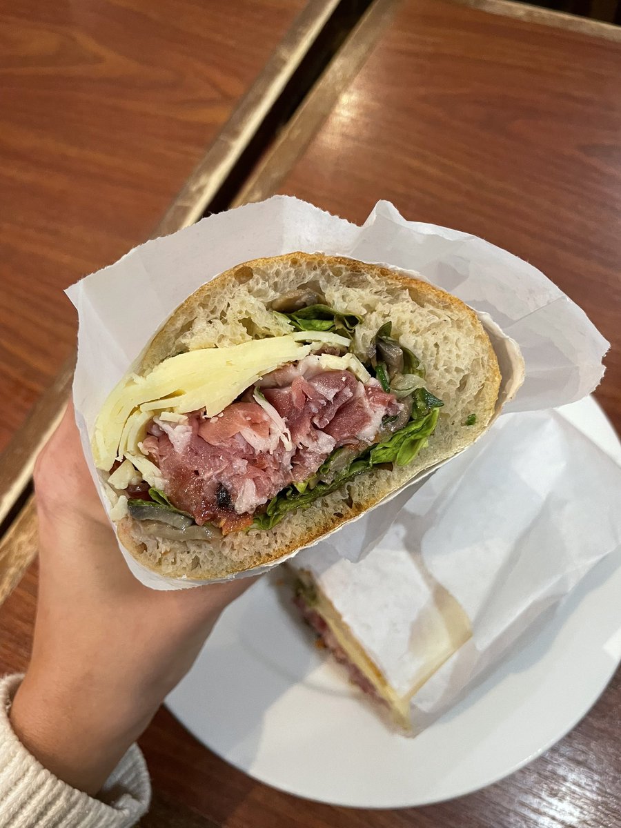 yarmschke's tweet photo. Forgot to tell you about this one: prosciutto, cantal, greens, tomato, mushroom, on fresh baked bread (Chez Alain Miam Miam, Paris). Have been replaying each bite in my head for weeks. https://t.co/bfOg5ndyfx