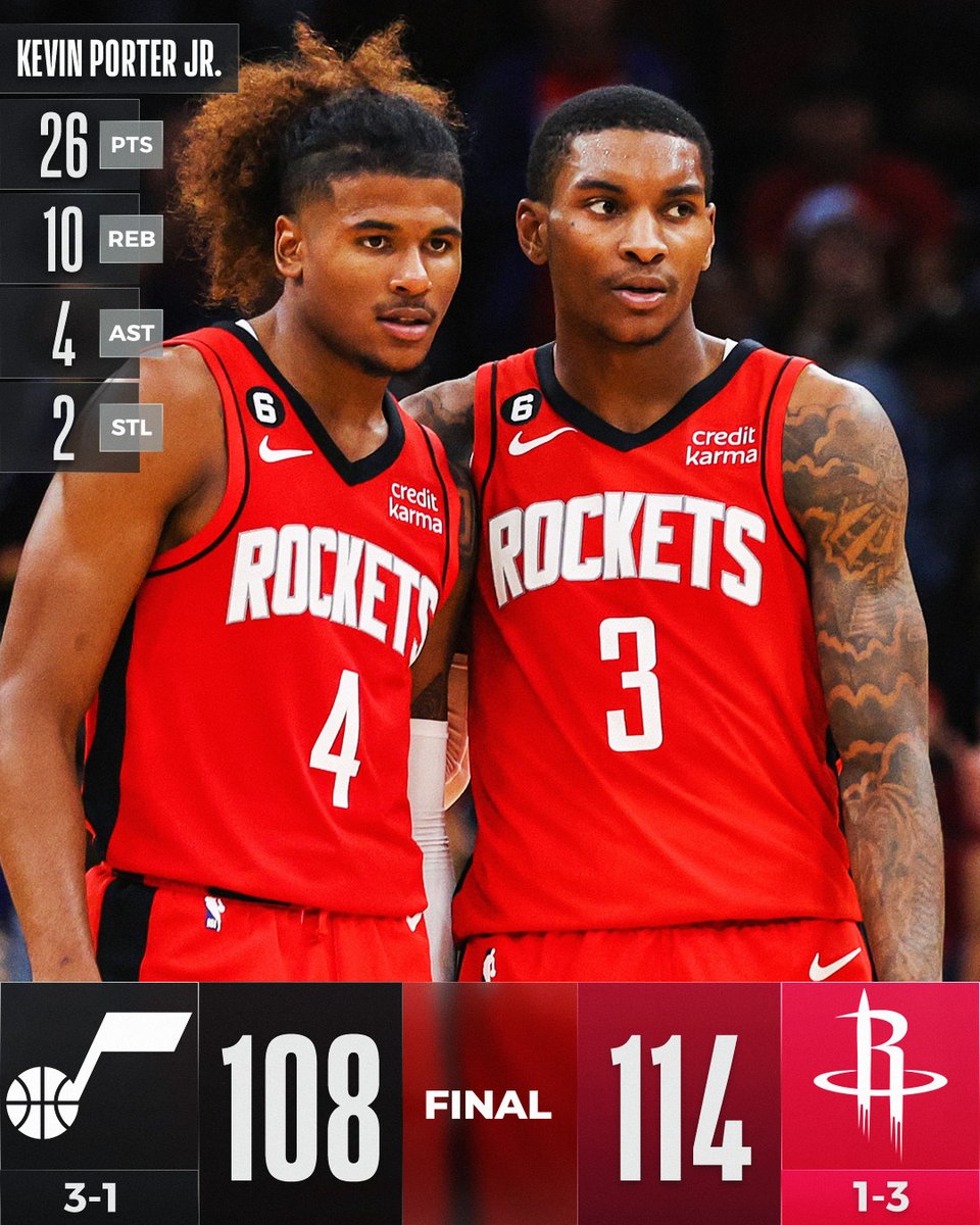 NBA's tweet photo. Kevin Porter Jr. and Jalen Green held it down in Houston to secure the W! #KiaTipOff22 

Jalen Green: 25 PTS, 3 REB, 3 AST
Jordan Clarkson: 17 PTS, 4 REB, 4 AST

For more, download the NBA app:
📲 https://t.co/WFdLNEATbY https://t.co/tMk8Zu2ovZ