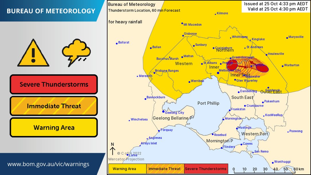 BOM_Vic's tweet photo. ⚠️ Cell Based Severe Thunderstorm Warning ⚠️ for heavy rainfall has been re-issued for parts of the #Melbourne area and Port Phillip waters. Further details at: https://t.co/5oOGeq3oWB https://t.co/eWz35NpNt0