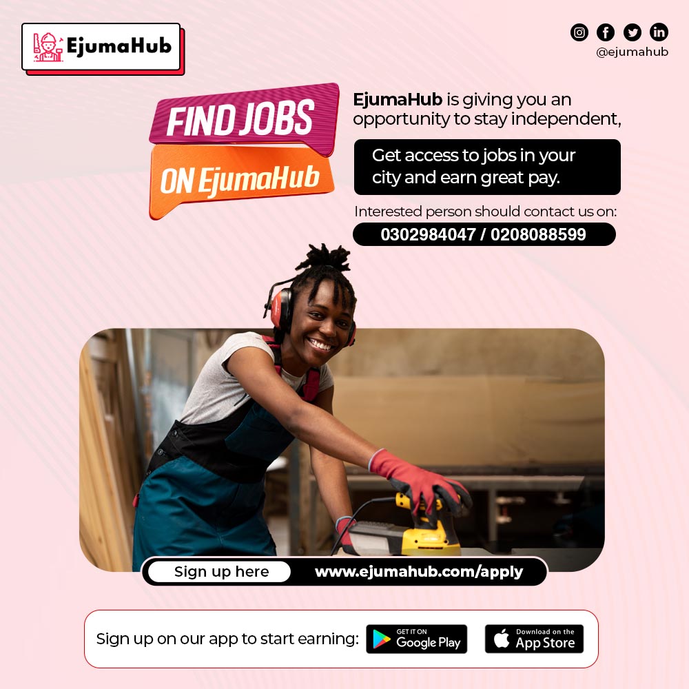 ejumahub's tweet photo. Are you a skilled #handyman in #Accra but can't find jobs? Apply with #EjumaHub and become an #EjumahubPro. Why? We help individual and team handyman service professionals gain access to jobs and earn great pay.
Apply now: https://t.co/1pjzeHHxJ7 
App: https://t.co/QXlLWuDkBA https://t.co/IT1liPC7jz
