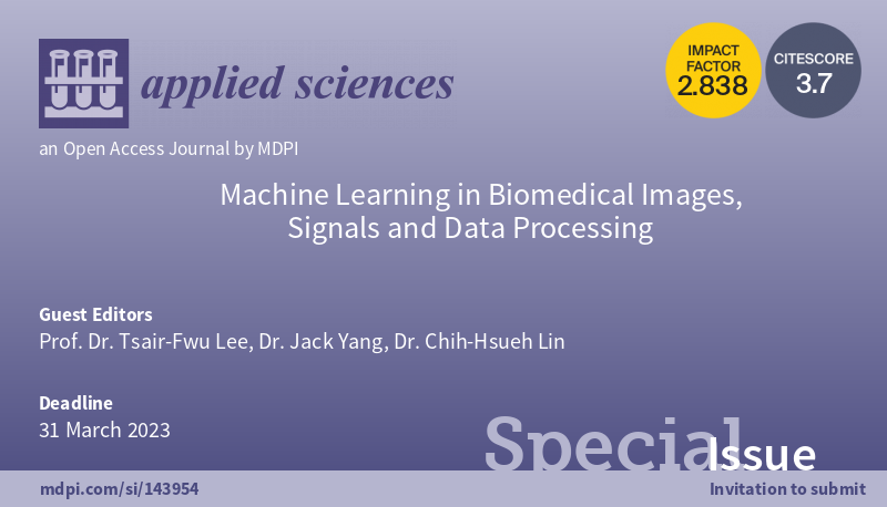 Dragana_MDPI's tweet photo. #SpecialIssue 
@Applsci

🥳#Machine Learning in #Biomedical Images, Signals and Data Processing

📅Submission Deadline: 31 March 2023 
👏Guest Editors: Dr. Tsair-Fwu Lee; Dr. Jack Yang; Dr. Chih-Hsueh Lin
👉https://t.co/P7uhZo0Ovx https://t.co/KqNp9ZlBlt