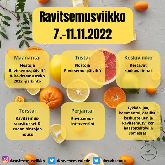 ravitsemus's tweet photo. Ravitsemusviikko järjestetään marraskuun toisella viikolla 7.-11.11.2022. Ravitsemusviikko järjestetään Suomen ravitsemustieteen yhdistys ry:n (Twitter: @ravitsemustiede) ja RTY:n (Twitter: @ravitsemus) yhteistyönä. Ravitsemusviikolla on myös oma Instagram-tili, @ravitsemusviikko https://t.co/IxfRRUqUUe