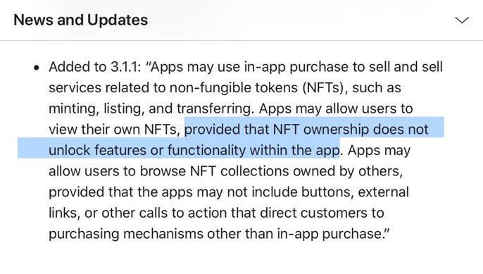 #Apple updated App Store Guideline to prohibit #NFT as a means to bypass in-app purchase mechanism! #web3 #crypto v/@wongmjane @sebbourguignon @enilev @Khulood_Almani @tobiaskintzel @CurieuxExplorer @JeroenBartelse @FrRonconi @NevilleGaunt @chidambara09 @EvaSmartAI @mikeflache