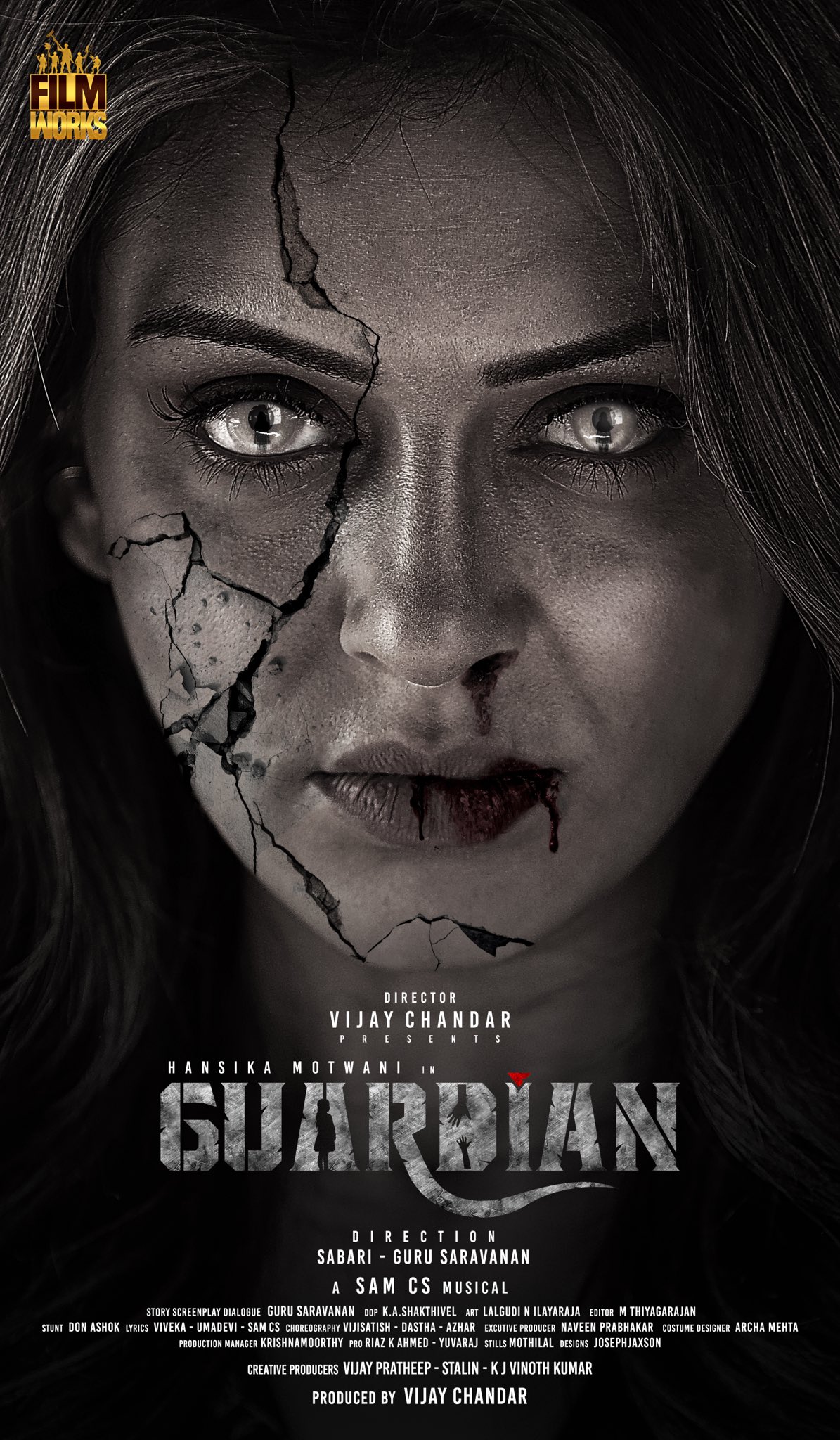 VIJAY CHANDAR on Twitter: "Here you go, my 1st project as Producer!  #Guardian First Look is here! Starring @ihansika 😍 #GuardianFirstLook  @FilmsWorkOffl @SamCSmusic @gurusaravanan @sabari_gireesn @shakthi_dop  @artilayaraja @thiyaguedit @ActorSriman ...