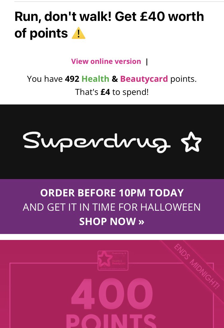 mrsengie's tweet photo. @superdrug Marketing email advertising FALSE promotion!!!      🤬🤬🤬 “Get £40 worth of points” - 400 points is £4 NOT £40. https://t.co/MfNzsWT34B