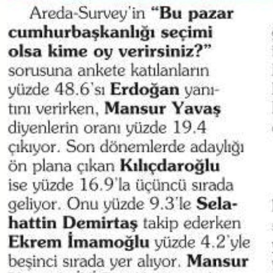 Tüpçü’nün Abdülkadir Selfie'si, “tarafsız” bir anket yayınlamış köşesinde. Erdoğan’ın yüzde 48,6 oy aldığı ankette, İmamoğlu yüzde 4,2 oy alıyormuş. Peki kimdir bu Areda adlı anket şirketinin sahibi? Eski AKP Gençlik Kolları Başkanı ve halen Yeni Şafak’ta yazan Yusuf Akın :)