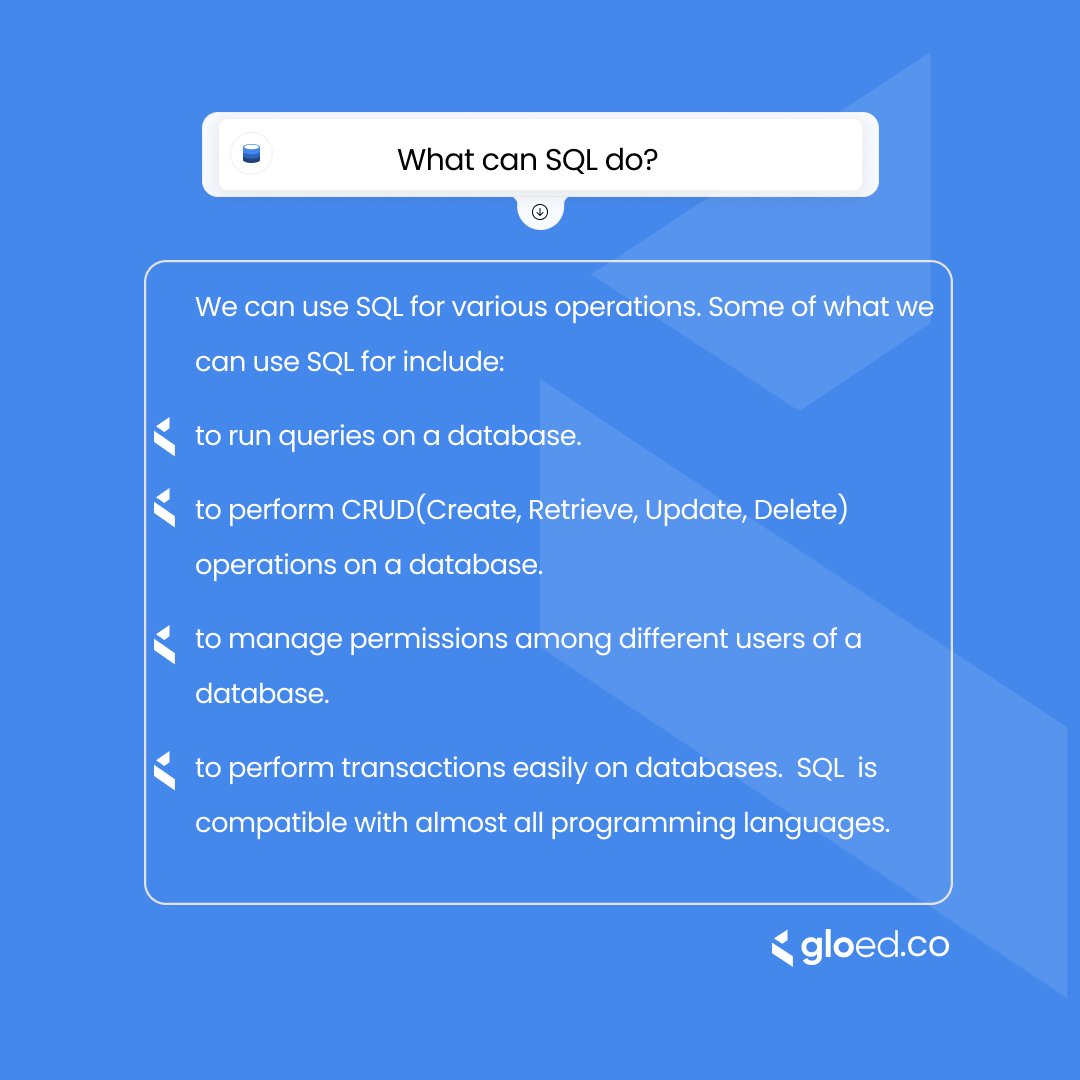 gloed_co's tweet photo. Here are some of what we use SQL for.
To learn more about SQL, Join our free Basic level classes.
Kindly click the link on our bio to register and join our Slack community.

#sql #sqldeveloper #dataanalytics #dataanalysis #sqlserver #data https://t.co/00eSrLplyM