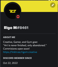 OH ALSO, everyone go add my new main discord (if you had me added on my first account, or if you just wanna chat or talk about business inquiries 🖤) 
Rigo M#8461