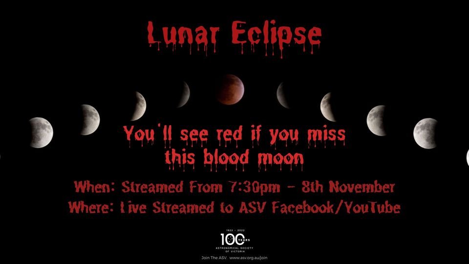 We are pleased to announce that we will be streaming the November 8th lunar eclipse live online via ASV Facebook, YouTube &amp; Twitch!!