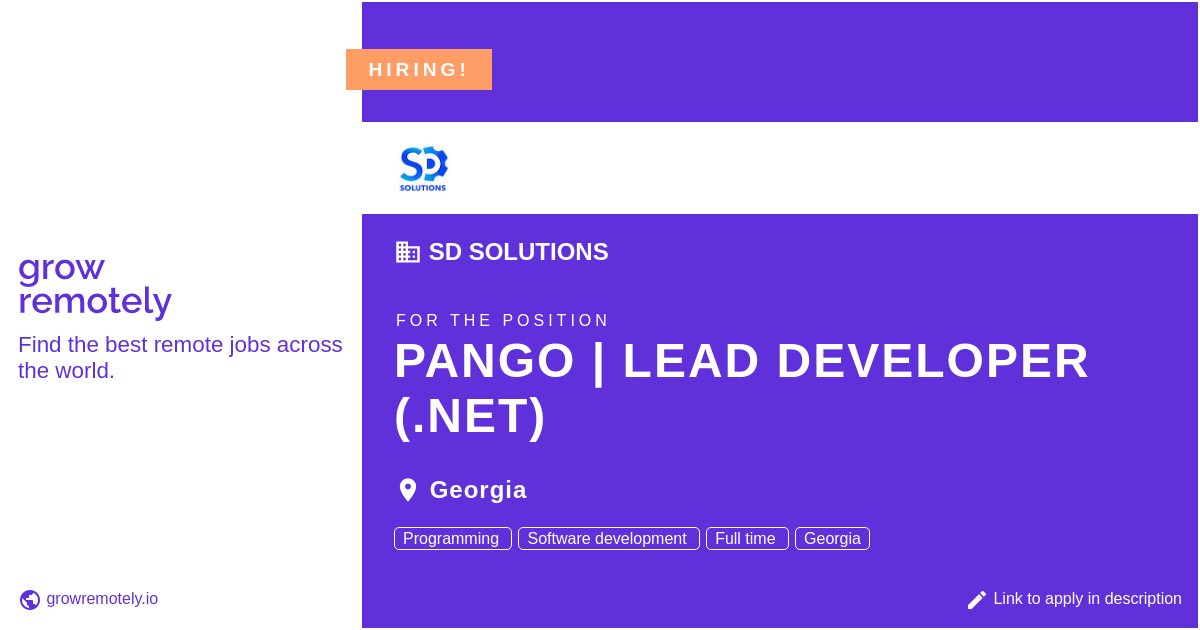 growremotelyio's tweet image. Check out this job at SD Solutions for the position Pango | Lead Developer (.NET).

 Apply link: growremotely.io/?id=63572aeb70…

#hiring #remotejobs #SDSolutions #Programming