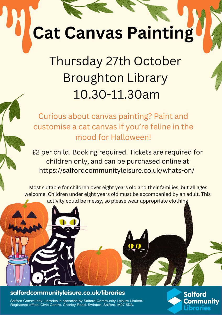 Curious as a cat about canvas painting? Then join us at Broughton Library for a cat canvas painting workshop if you’re feline in the mood for Halloween! salfordcommunityleisure.co.uk/whats-on/schoo… @SalfordCouncil @SalfordLeisure