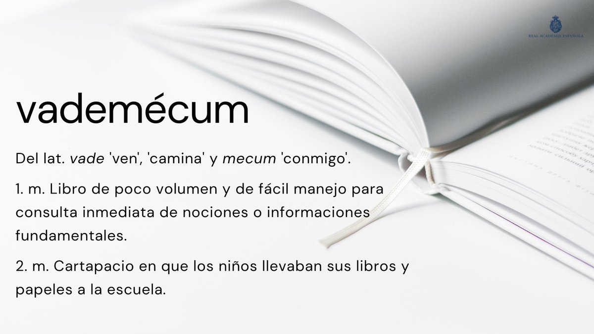 RAEinforma's tweet photo. #PalabraDelDía | vademécum

Las expresiones latinas que, como «vademécum», se han incorporado y adaptado al español deben seguir las reglas de acentuación y de formación de plural de nuestra lengua. De ahí que «vademécum» se escriba con tilde y que su plural sea «vademécums». https://t.co/YpncyYZHD6