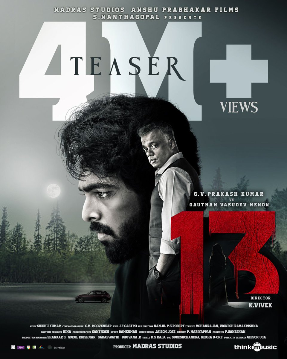 VCDtweets's tweet photo. #13Teaser BANGS 4M+ Views 💥👍
#MadrasStudios #13TheMovie #GVPrakash #GVM https://t.co/1MG3NB8KVE