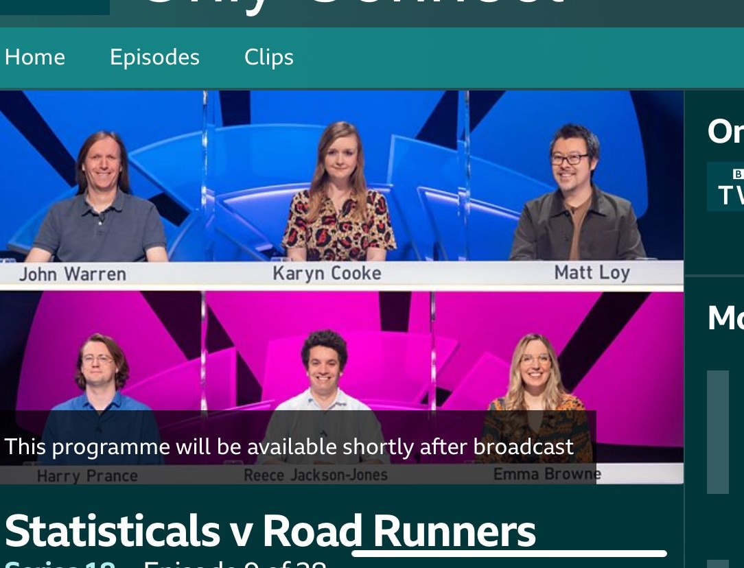 KarynCooke's tweet photo. Tonight Captain Cooke is back with the wonderful @JohnWarrenKnows and @mcloy, quizzing against the fabulous #RoadRunners. Tune in at 7PM on BBC Two to see the first of the second round matches. Feat. the GEM that is @VictoriaCoren. @OnlyConnectQuiz #OnlyConnect #Statisticals https://t.co/kNv0qFr3i3
