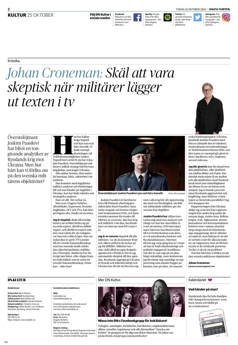 Herravaldet's tweet photo. Direkt oanständig artikel där @DNKultur recensent öppet visar sitt personliga förakt mot försvarsanställda. Ett sådant här angrepp på professionen och personligen mot nämnde officeren borde föranleda att recensenten tas ur tjänst. En ursäkt bör deklareras från @dagensnyheter https://t.co/EQ6iopcKGi