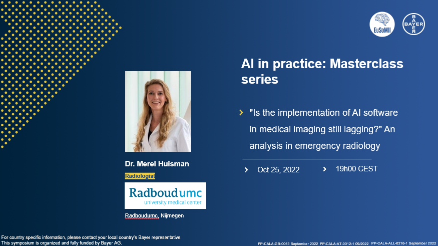 EuSoMII (@eusomii) on Twitter photo AI IN PRACTICE:MASTERCLASS SERIES
.
Is the implementation of AI software in medical imaging still lagging? An analysis in emerging radiology
by <a href="/merelhuisman/">Merel Huisman MD PhD</a>
25OCT 2022 7pm CEST
Moderated by <a href="/p_ylmz_/">Pınar Yılmaz</a> and <a href="/SBisdas/">Sotirios Bisdas</a>
us02web.zoom.us/webinar/regist…
.
Organized and fully funded by <a href="/Bayer/">Bayer AG</a> AI IN PRACTICE:MASTERCLASS SERIES
.
Is the implementation of AI software in medical imaging still lagging? An analysis in emerging radiology
by <a href="/merelhuisman/">Merel Huisman MD PhD</a>
25OCT 2022 7pm CEST
Moderated by <a href="/p_ylmz_/">Pınar Yılmaz</a> and <a href="/SBisdas/">Sotirios Bisdas</a>
us02web.zoom.us/webinar/regist…
.
Organized and fully funded by <a href="/Bayer/">Bayer AG</a>