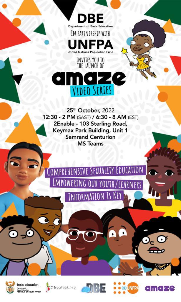 ReginahMhaule's tweet photo. The @DBE_SA will today launch the AMAZE Video Series of animated videos which addresses awkward topics related to sexuality, puberty, relationships, reproduction and more…. @amazeorg @UNFPASA #education https://t.co/bmS5PaBZFd