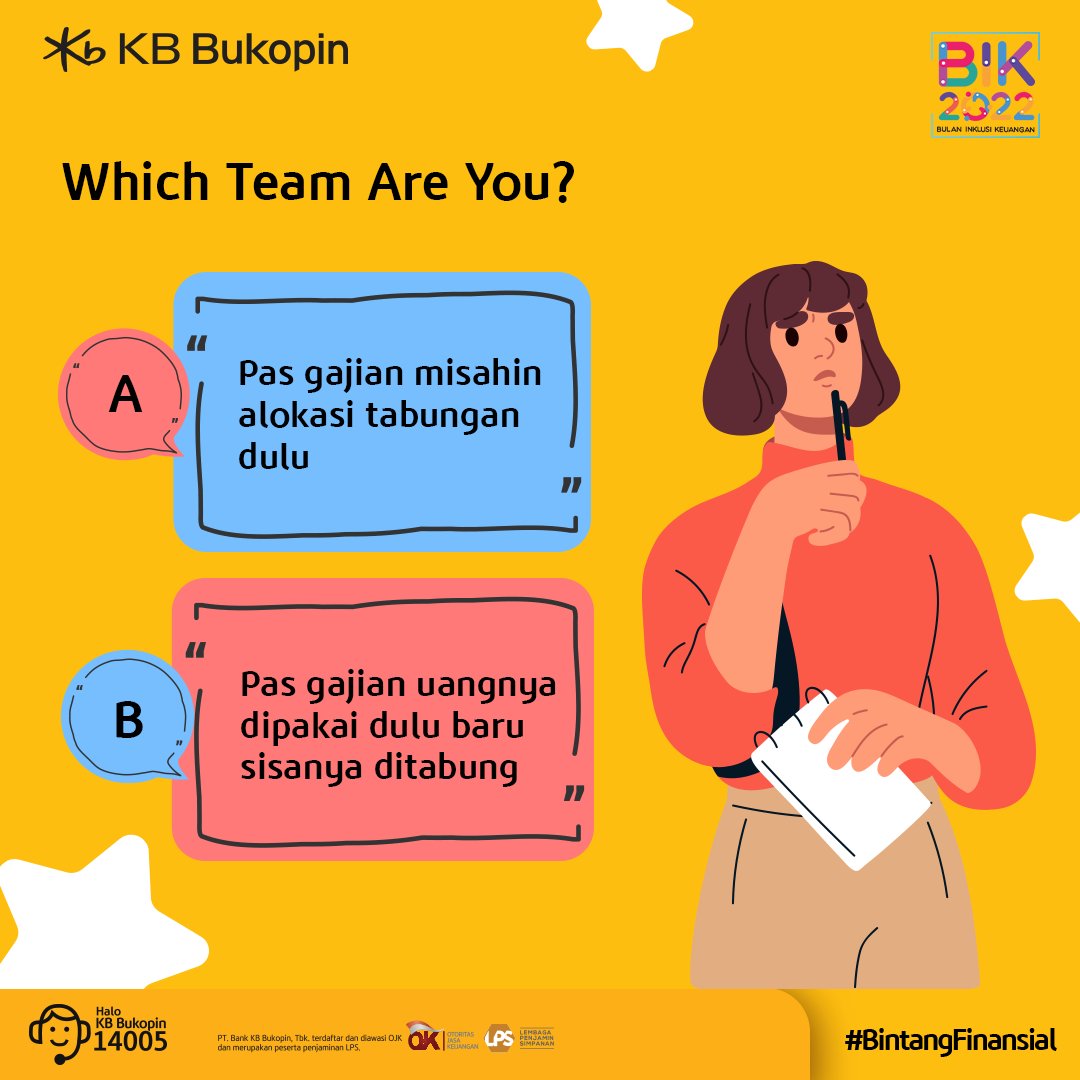 kbbank_id's tweet photo. Sahabat KB Bukopin, kalian team yang mana nih?

Pisahin untuk nabung dulu atau sisa uangnya baru ditabung?

Mau team yang mana aja, yang penting menabung dan transaksinya tetap di KB Bukopin ya~

#kbbukopin #bintangfinansial https://t.co/Ip3sEyTSsw