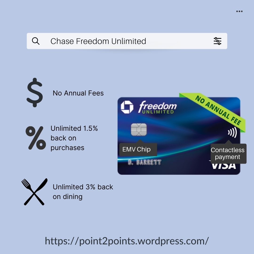 Point2Points_'s tweet image. Chase Freedom Unlimited is at the top of my list for credit cards without an annual fee. It allows cardholders to get cash back or utilize their points for travel. Check out my blog for more info!
point2points.wordpress.com

#chase #travel #chasefreedomunlimited #noannualfee