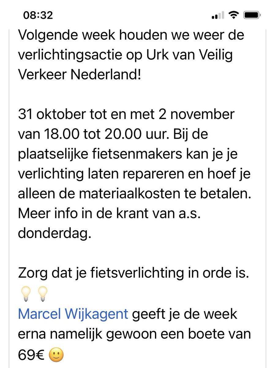 Urkers, let op! Van 31 okt t/m 2 nov is er weer een verlichtingsactie. Maar ook overige voertuigen moeten duidelijk verlicht zijn. Zo zag ik deze week 1 scooter zonder licht en 2 auto’s zonder licht rijden. Maak er een gewoonte van, gordel om en licht aan!