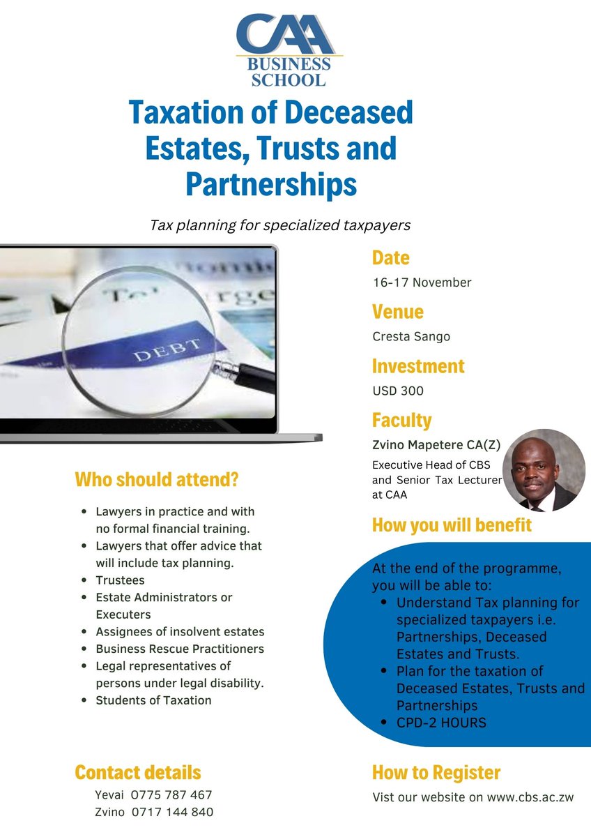 SchoolCaa's tweet photo. Are you a Business Rescue Practitioner, Estate administrator, a lawyer in practice, a trustee or a student of taxation ? this course will be most suitable for you. Register now here https://t.co/YhwS9qBLWh https://t.co/prerQhFoKB