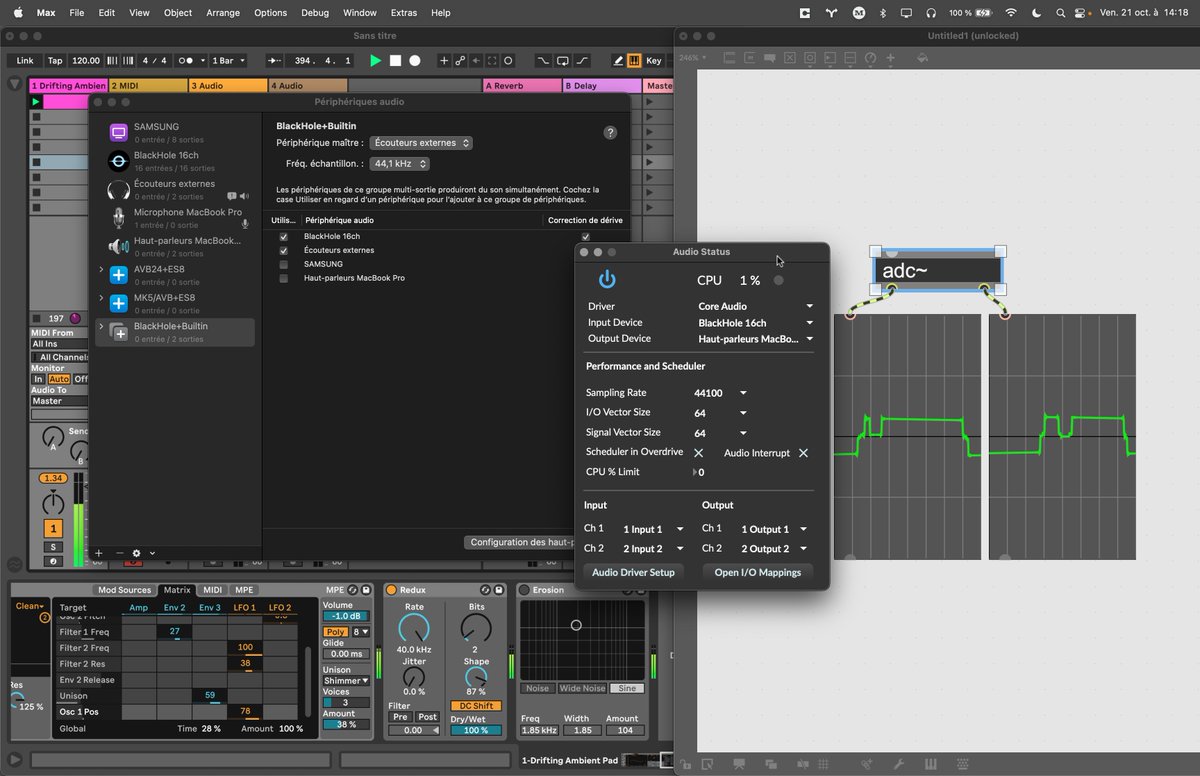structurevoid0's tweet photo. Le....flux....audio.... se déplace.... tranquillement.... d'@Ableton #Live vers .... #MaxMSP .... en passant par #Blackhole... sur #macOS ou par #JackAudio .... sur #windows....
Analyse du son en temps réel, extraire des descripteurs tel le volume perçu, la brillance et +... https://t.co/wPaYnV9lKS