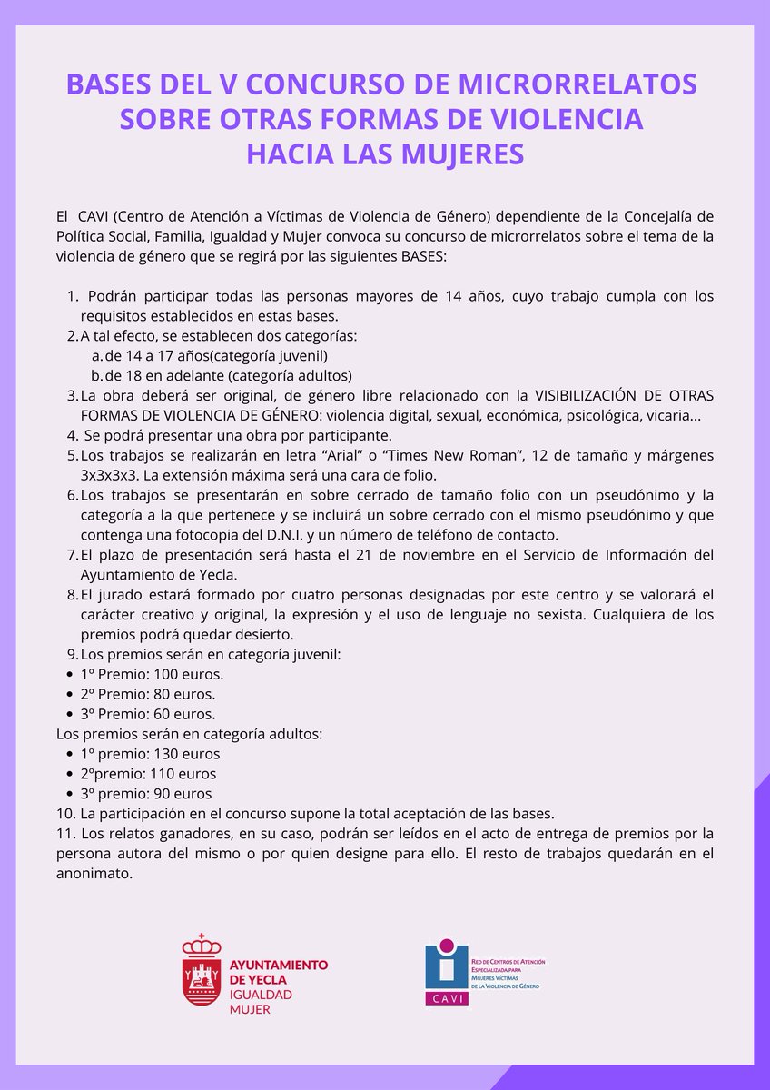 Y por otra parte, ca Concejalía de Igualdad y Mujer, a traves del CAVI convoca el V Concurso de Microrrelatos sobre otras formas de Violencia hacia las Mujeres. El plazo de presentación de obras finaliza el 21 de noviembre. Estas son las bases
