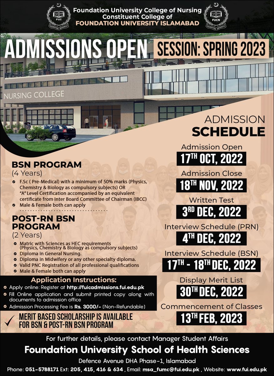 fuislamabad's tweet photo. #fui #fush #fucn #admissionsopen #spring2023 #apllynow #bestcollege #nursingcollege #twincities #pakistan #bsn #postrnbsn #lastdate #purposebuiltcampus #hostelfacility #bestopportunity https://t.co/iRZbYtiH1g