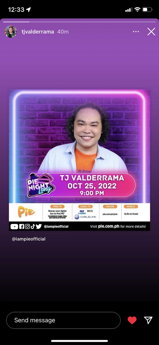 Mga ka bilog!! Abangan si <a href="/Tjvalderrama/">TJ Valderrama</a> live sa PIE Channel mamayang gabi na 9pm. Kitakits🎉 <a href="/iampieofficial/">PIE Channel</a> <a href="/TeamTJVOfficial/">Team TJ 🧡</a>