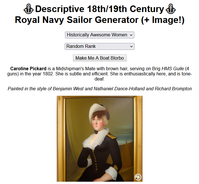 TeuthisDreams's tweet photo. Presenting the Age of Sail Naval Sailor Generator, to generate sailors inspired by naval stories like Master and Commander, The Terror and others - featuring an AI image synth citing historical portrait artists!

https://t.co/pE62iIxwJQ

#AIArt #StableDiffusion https://t.co/vYbt1pNKte