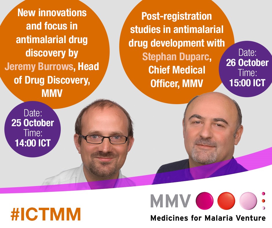 If you're at @ictmm2020, I invite you to attend my @MedsforMalaria colleagues' presentations: Jeremy Burrows will speak on Tues about antimalarial innovation. On Wed, Stephan Duparc will participate in a panel on post-registration studies in antimalarial development.