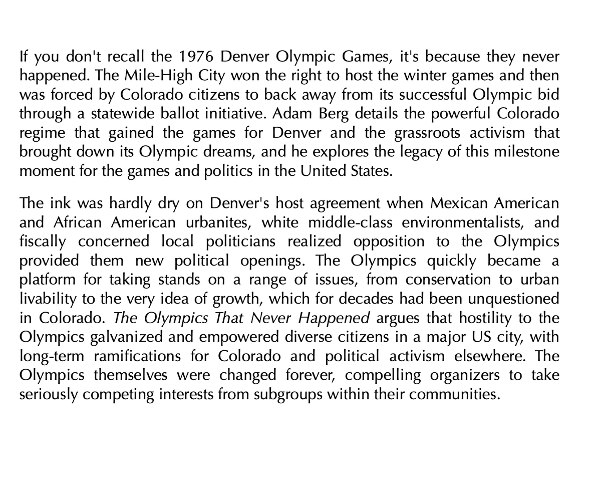 Adam Berg - The Olympics that Never Happened - Denver '76 and the Politics of Growth à paraître en novembre aux UTP