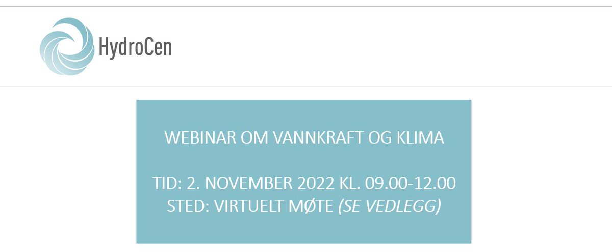 FMEHydroCen's tweet photo. Klimagruppa i HydroCen arrangerer webinar om Vannkraft og Klima!
  
Tid: 2.nov 09.00-12.00
Sted: Digitalt, Teams

Webinaret er gratis og åpent for alle (også de utenfor HydroCen). Info om program og hvordan du deltar ligger vedlagt.
Velkommen!! 😀 https://t.co/tUPE2VtnvH