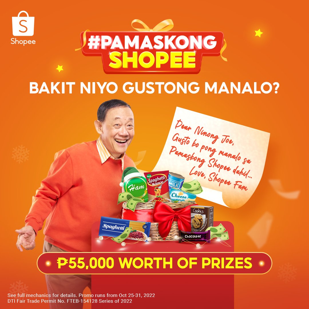 ShopeePH's tweet photo. Pasko, pasko, pasko na sa Shopee 🎄

Gusto niyo bang makatanggap ng CASH at NOCHE BUENA package worth ₱5,000? 

Sundan ang steps 👇🏻
1. Gumawa ng sulat para kay Ninong Joe kung bakit ninyo gustong manalo ng #PamaskongShopee
2. I-submit dito mula Oct 25-31: https://t.co/jNUJL7DORo https://t.co/q4QDjwsNjS