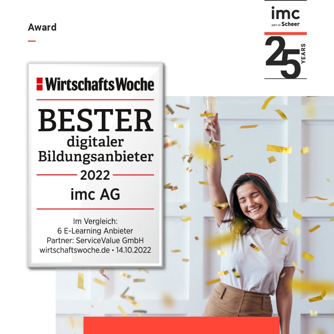 Germany's leading business magazine @wirtschaftswoche published its latest ranking of "Best Digital Education Providers" in Germany. 
For the third time in first place in the category "#elearning providers": imc Learning!
Read more: imclearning.net/3TW31kt

#WeEmpower #award